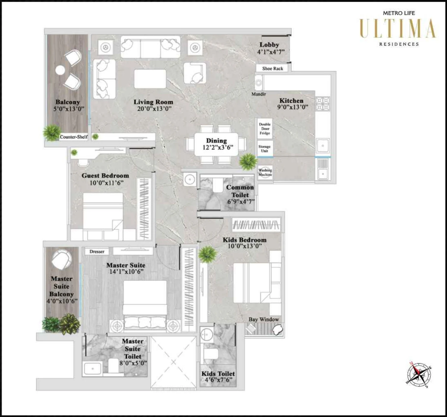 3 BHK Comfort XL 1157 sqft floor plan at Metro Life Ultima