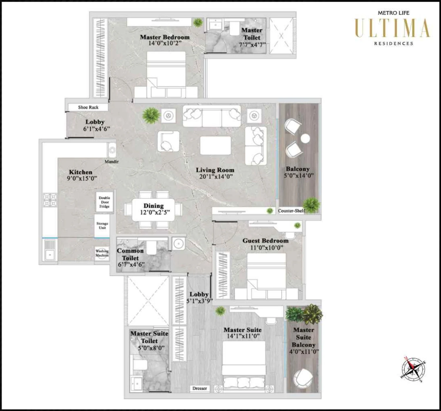 3 BHK Grande 1204 sqft floor plan at Metro Life Ultima