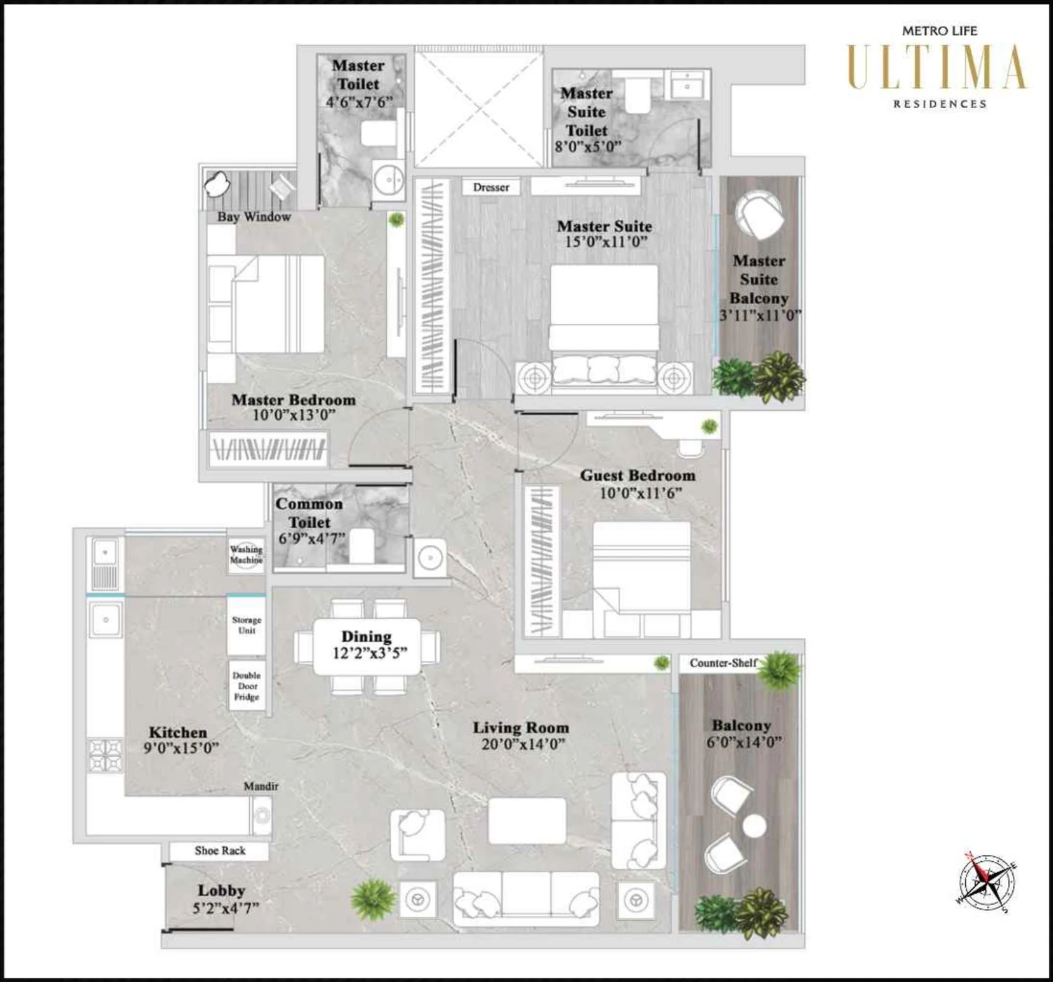3 BHK Grande XL 1241 sqft floor plan at Metro Life Ultima