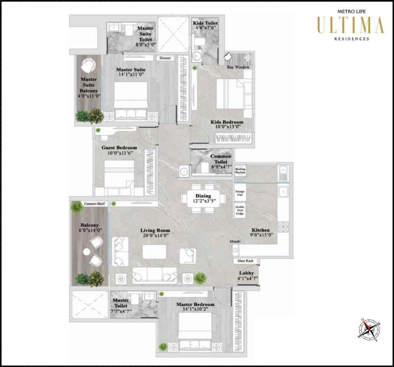 4 BHK Grande 1423 sqft floor plan at Metro Life Ultima