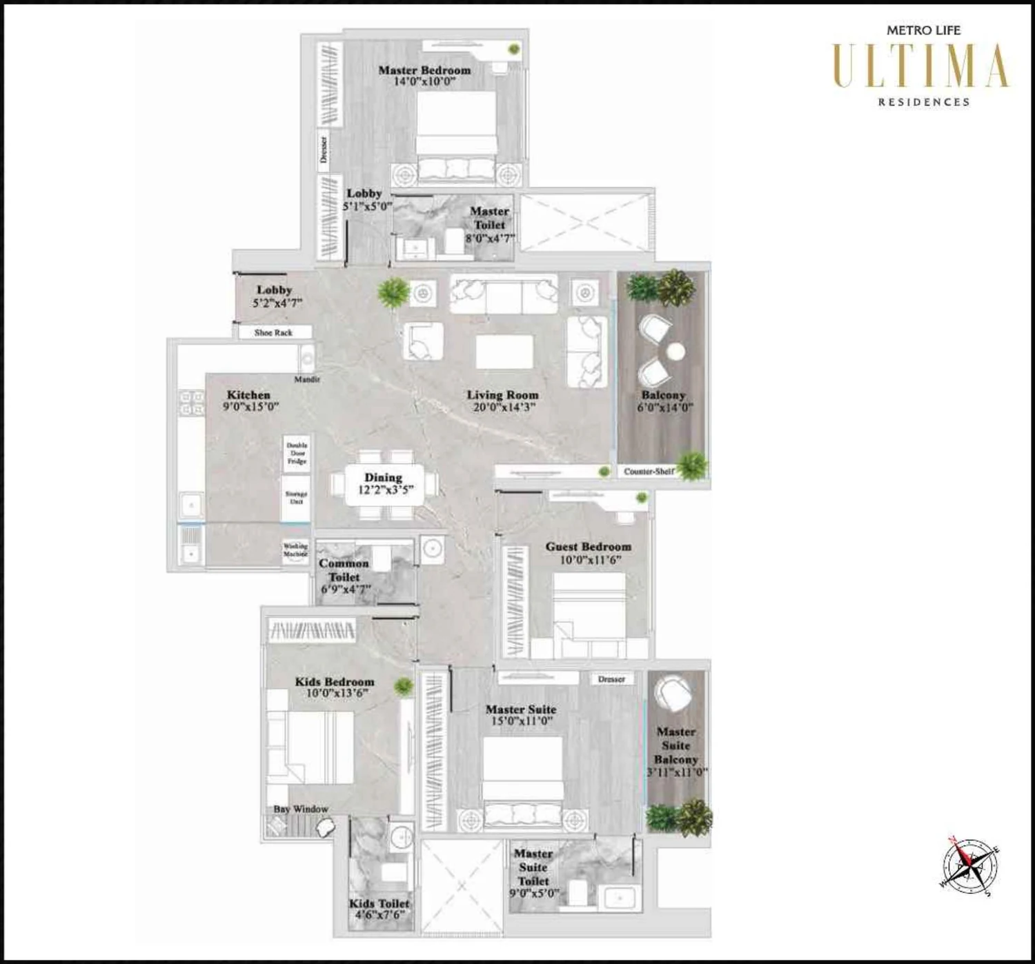 4 BHK Grande XL 1465 sqft floor plan at Metro Life Ultima